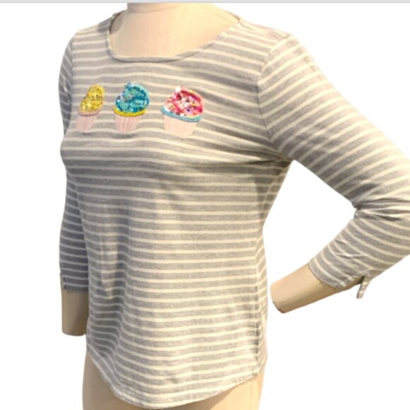 Talbots Sequin Cupcakes Striped Top Sz 2P Gray  #96J - Picture 4 of 9